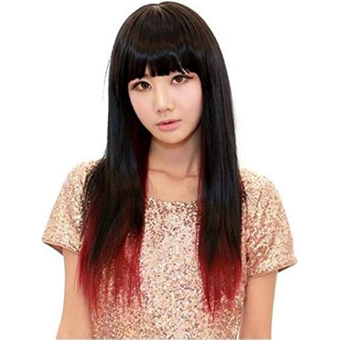 DILLARDS Gradient Wine Red Wig Long Hair Straight With Flat Bangs For Women And Girls-H030 - Image 3